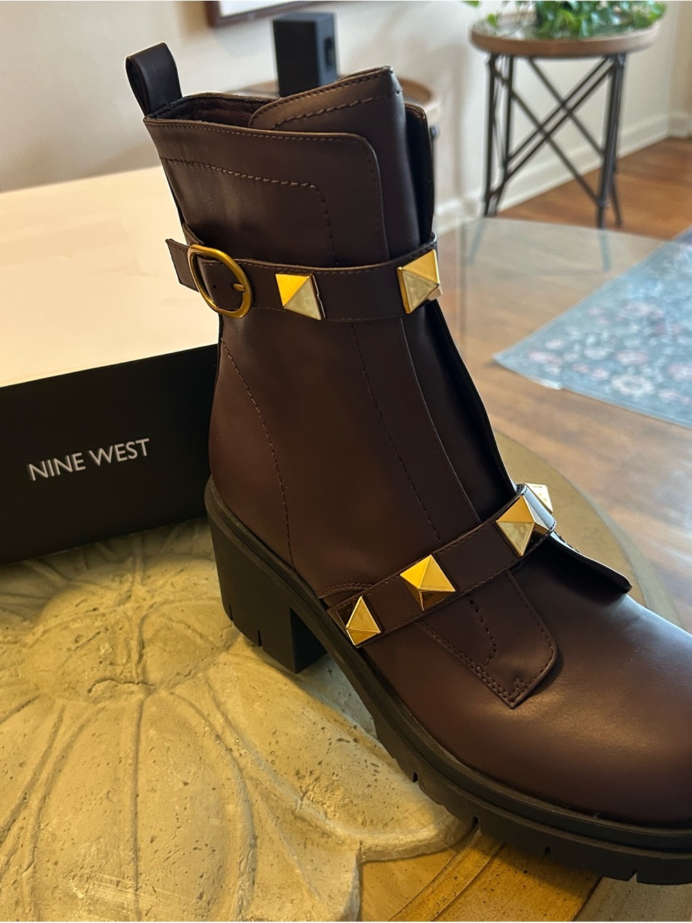 Nine West Dark Brown Leather Ankle Boots with Gold Studs